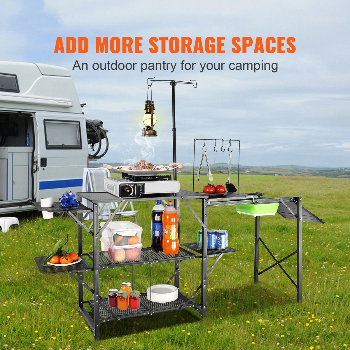 Camping Kitchen Table with Sink, Foldable Shelves & Aluminum Frame