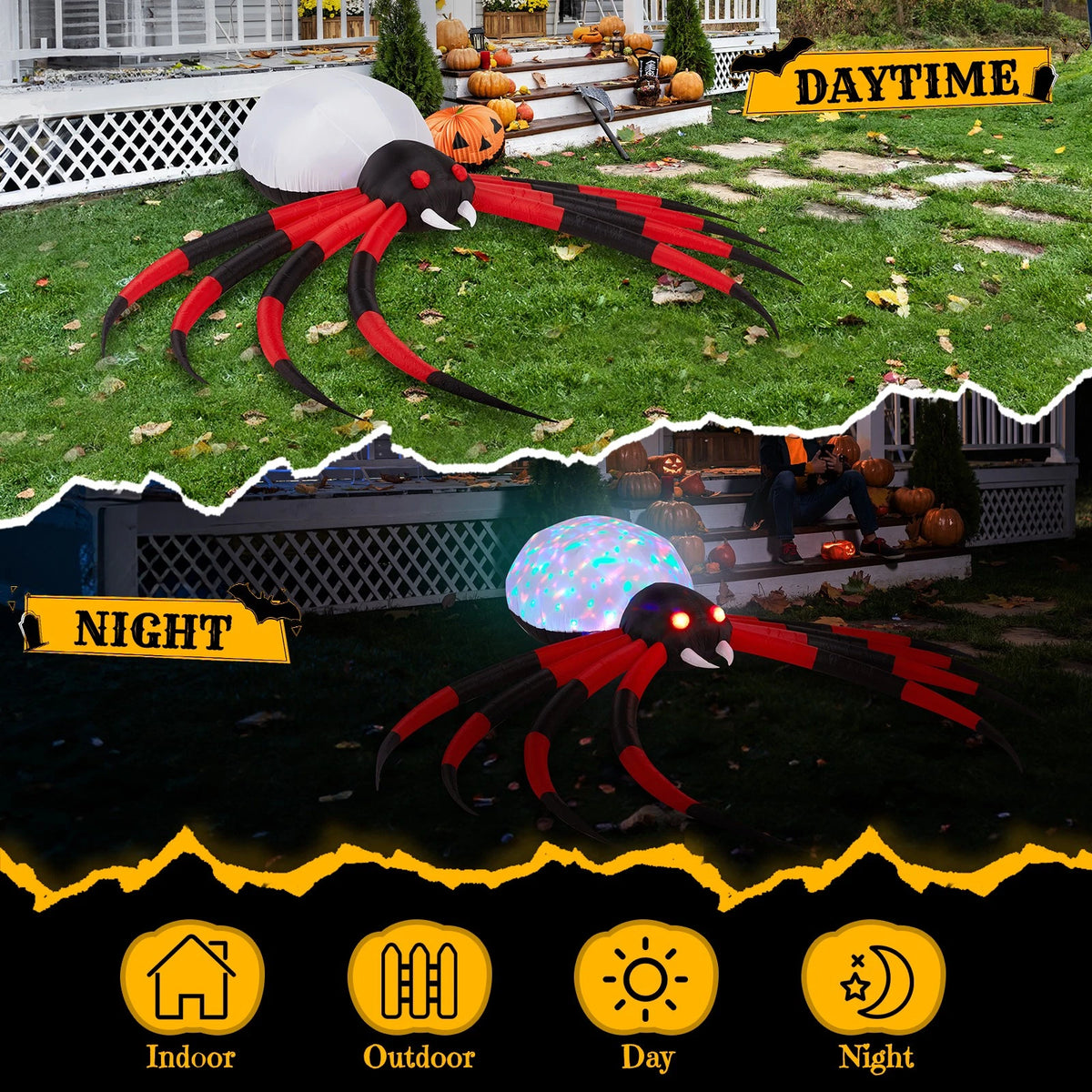 11.8ft Inflatable Halloween Spider with Rotating LED Lights Outdoor Decor