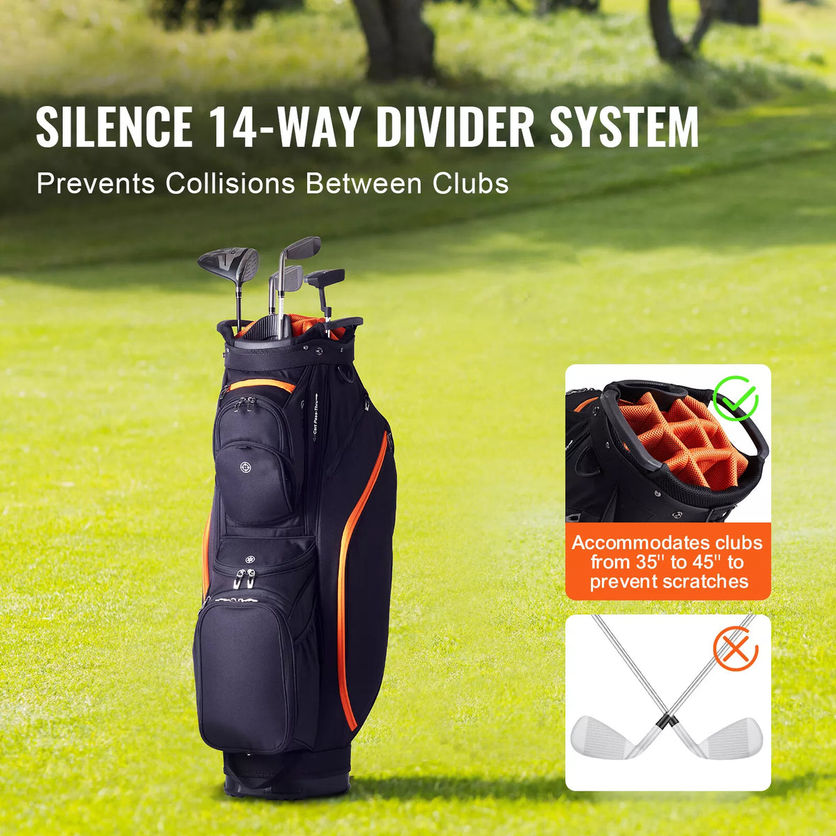 36" Golf Cart Bag with 14-Way Dividers and 13 Storage Pockets Black