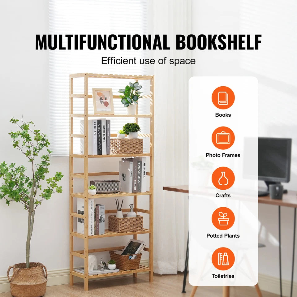 6-Tier Natural Bamboo Ladder Shelf for Books, Plants & Storage Use
