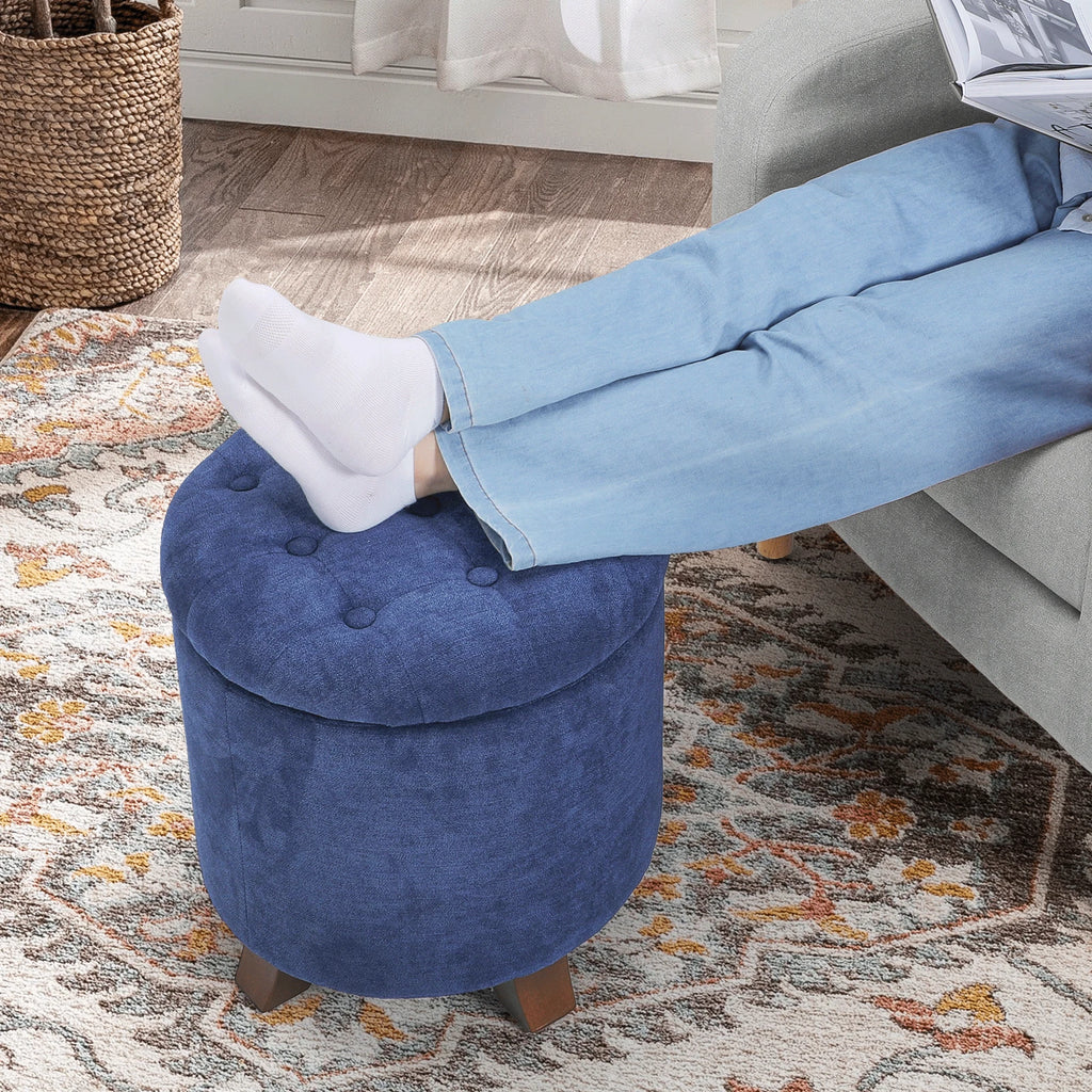 17" Round Navy Ottoman with Storage Padded Seat Lift-Off Lid