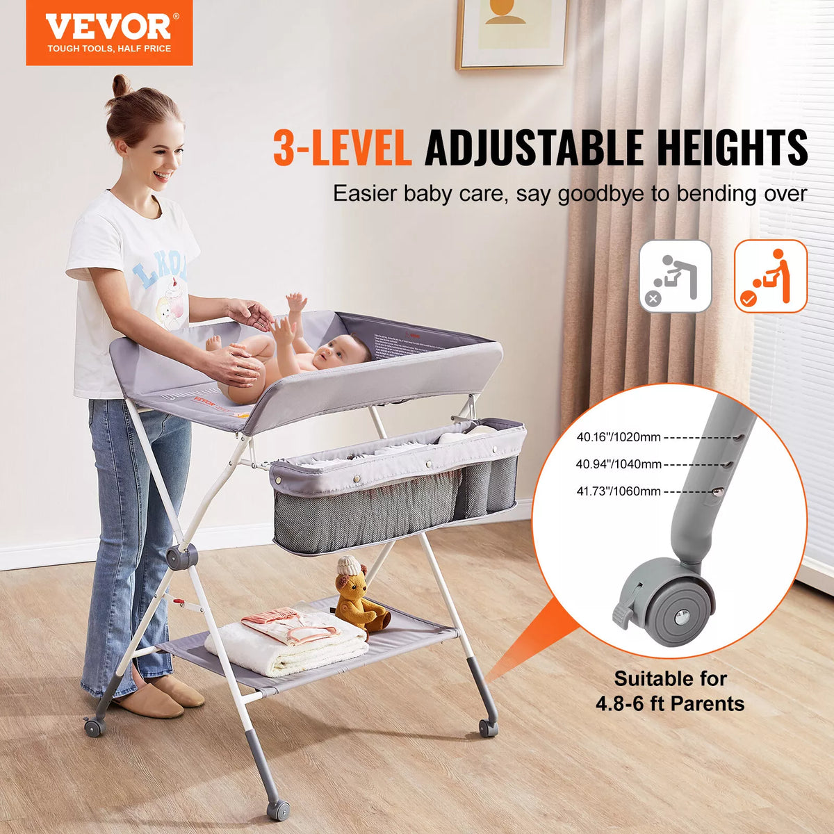 Adjustable Folding Baby Changing Table with Wheels