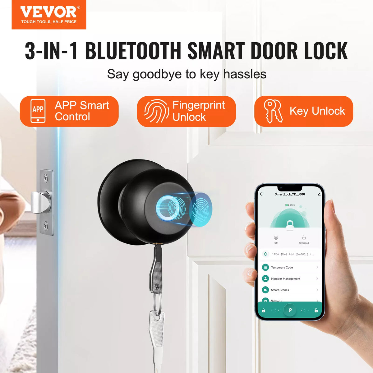 Keyless Smart Door Knob with Fingerprint, Bluetooth App, and Auto Lock