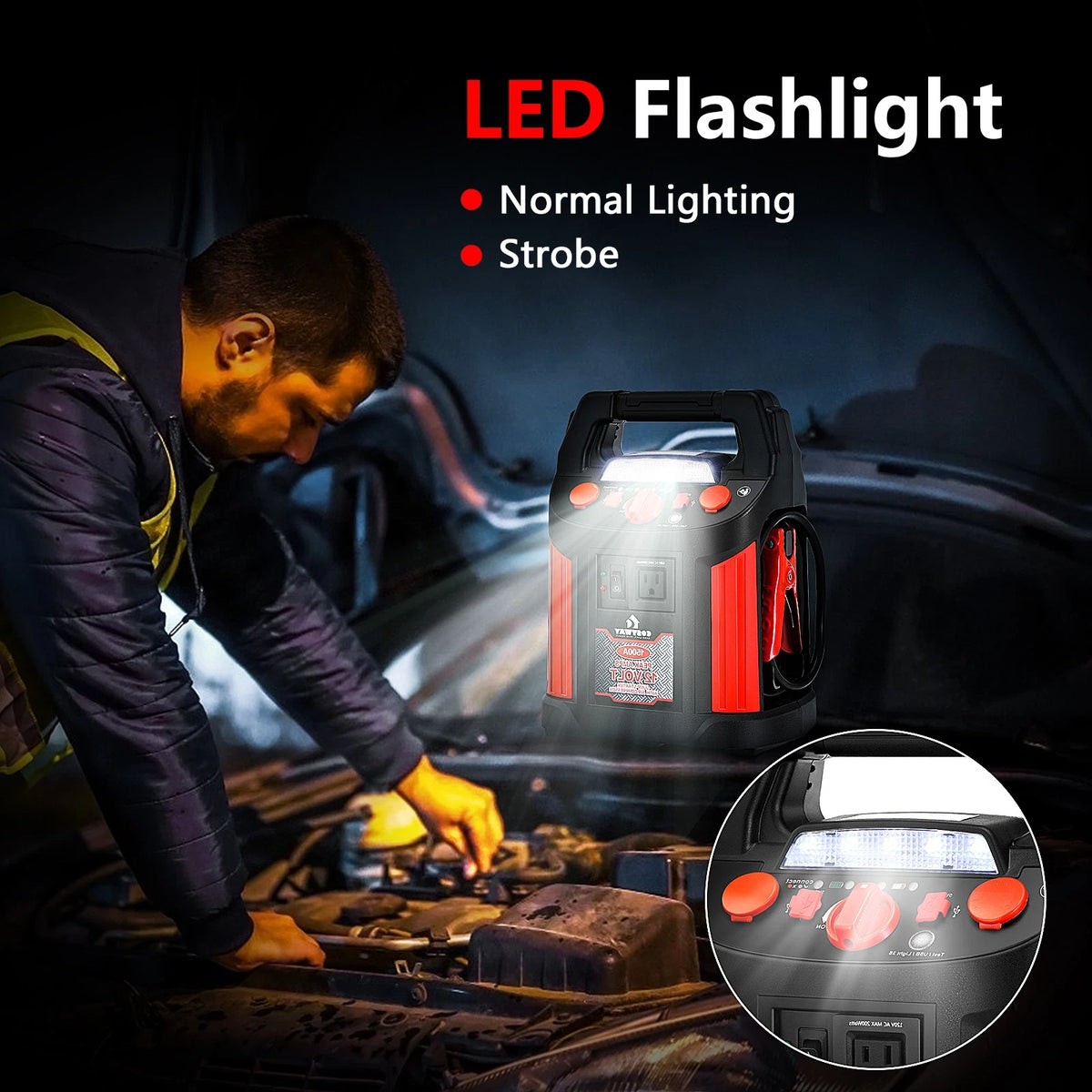 1500A Jump Starter with Air Compressor, Power Bank, USB Ports & LED Light