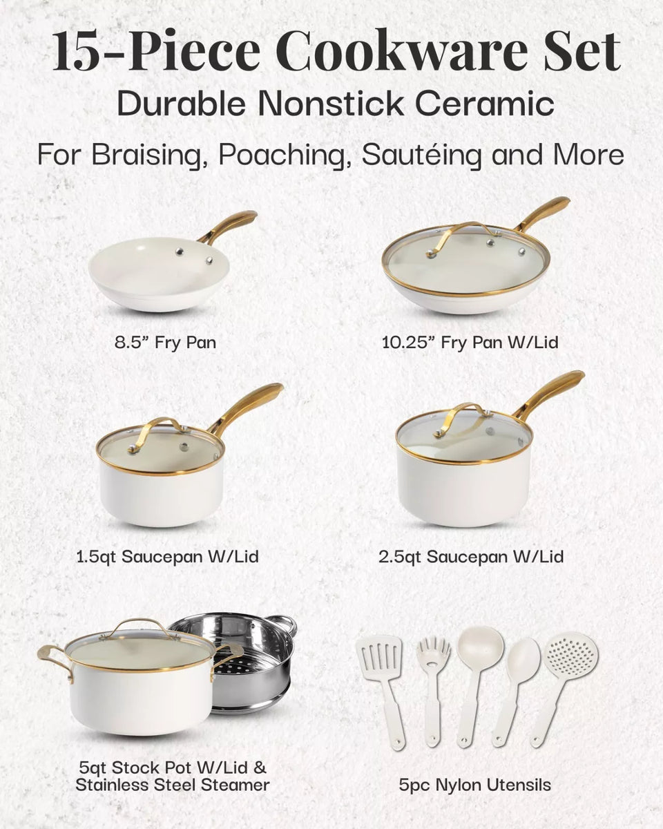 15-Piece Cream Ceramic Nonstick Cookware Set with Utensils & Lids