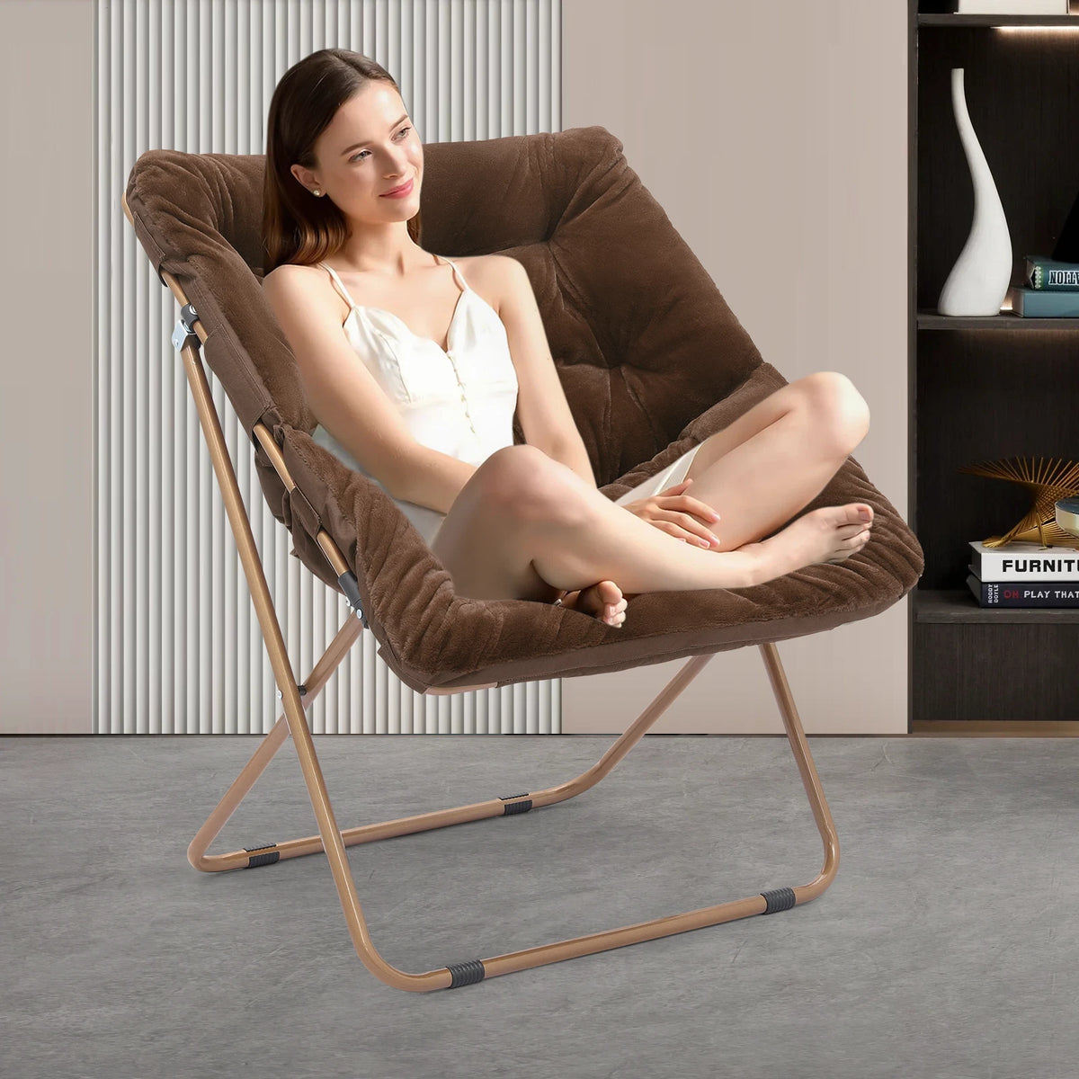Brown Foldable Faux Fur Saucer Moon Chair Home Indoors