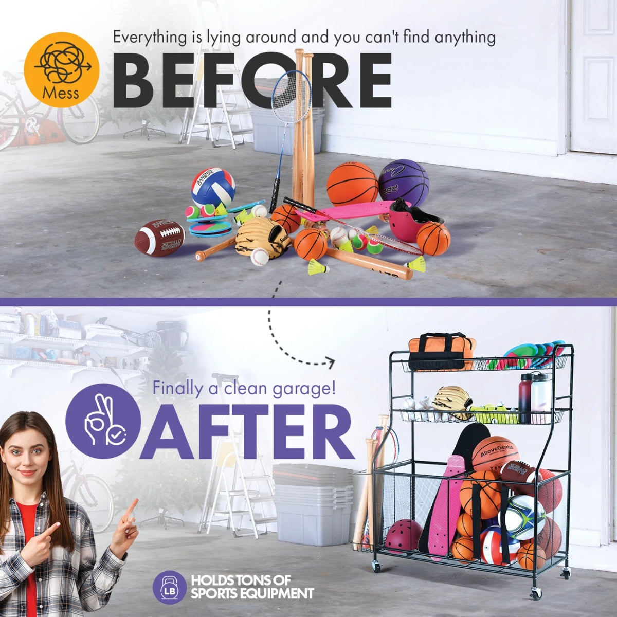 Rolling Sports Rack with Baskets & Ball Storage for Garage or Gym