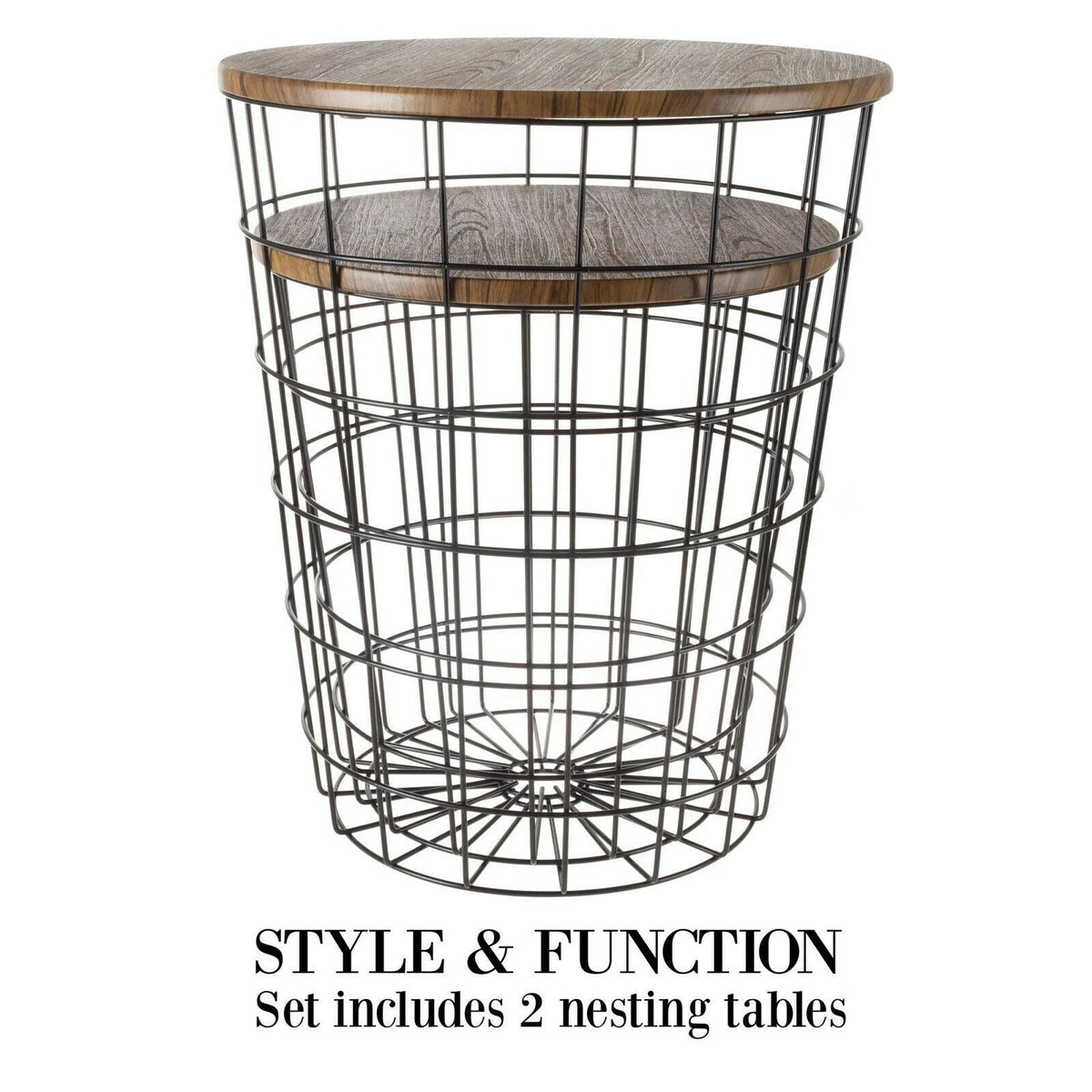 Modern 2-Piece Nesting End Tables with Hidden Storage Baskets for Living Room