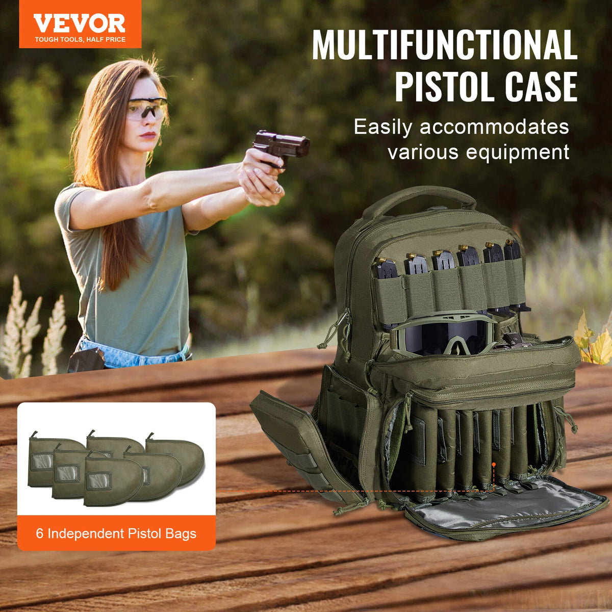Tactical Range Backpack for 6 Pistols with Molle Panels Green