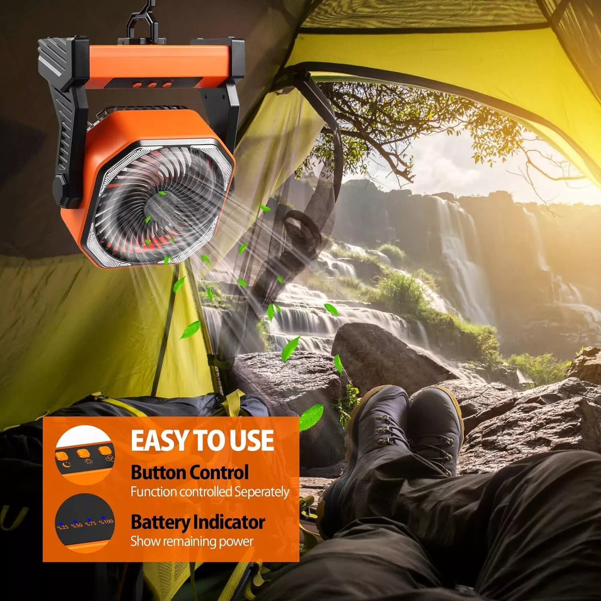 22000mAh Portable Camping Fan with LED Light Hook & USB Charging