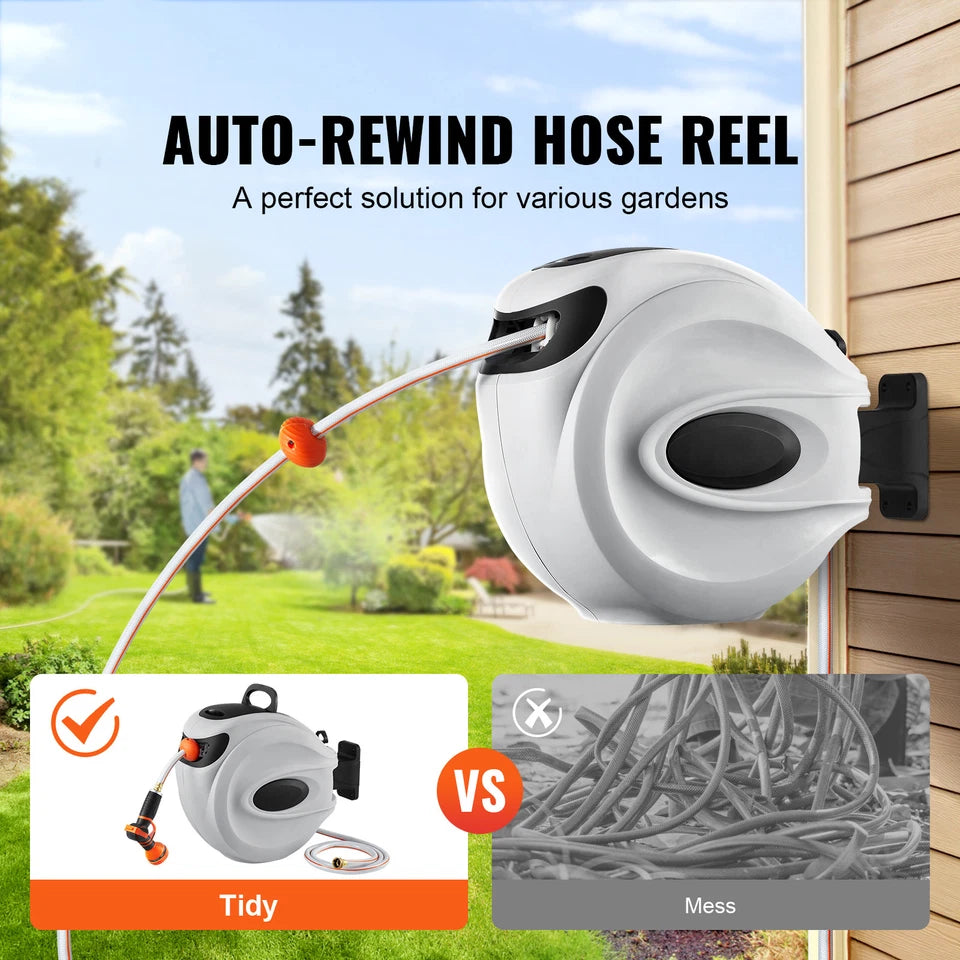 65FT Retractable Garden Hose Reel with Auto Rewind Wall Mount Nozzle