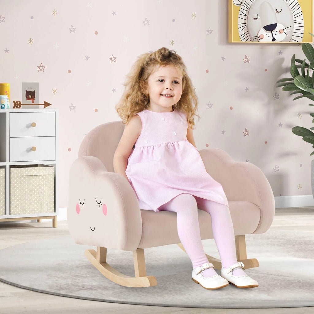 Toddler Rocking Chair with Wood Base and Armrests Pink Velvet