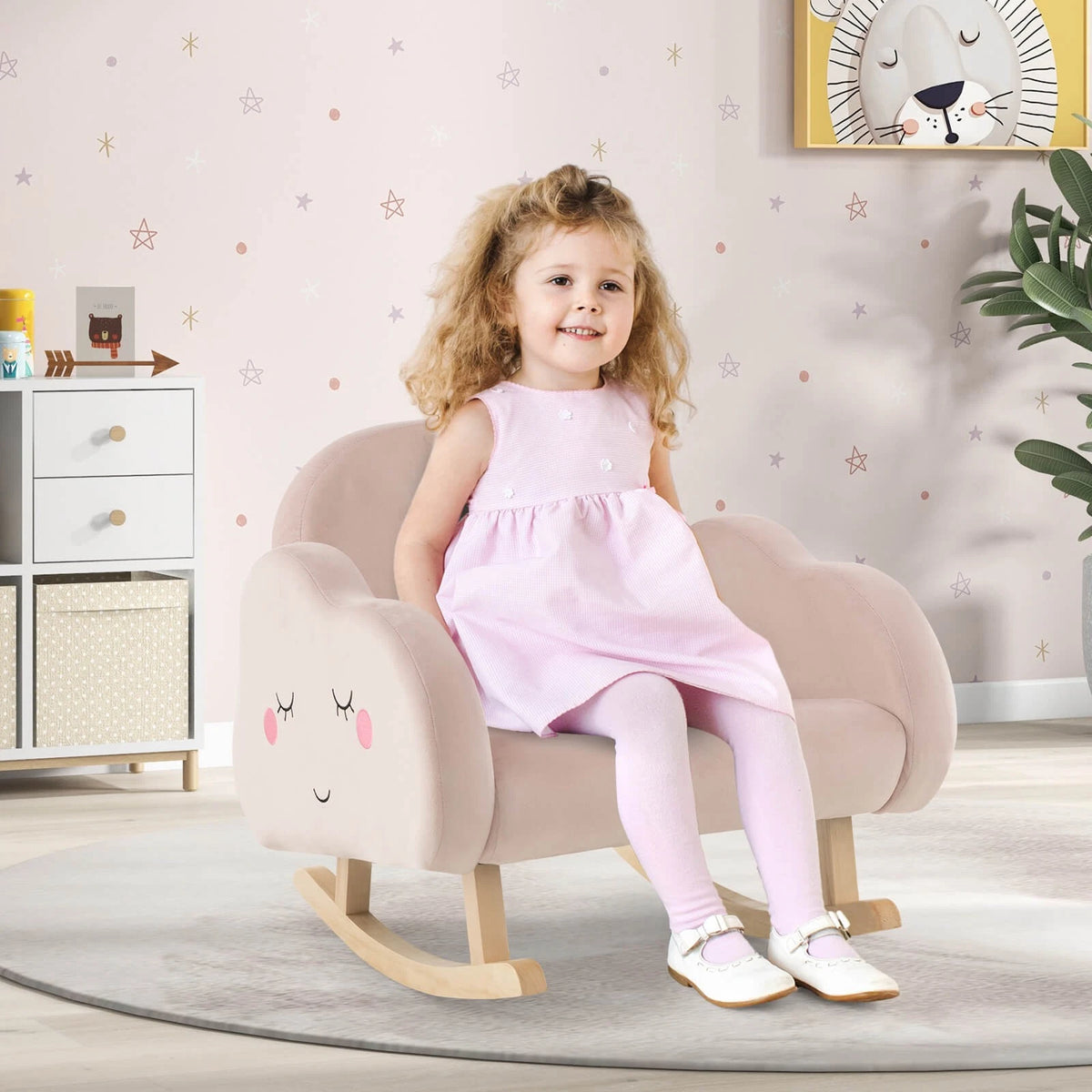 Toddler Rocking Chair with Wood Base and Armrests Pink Velvet