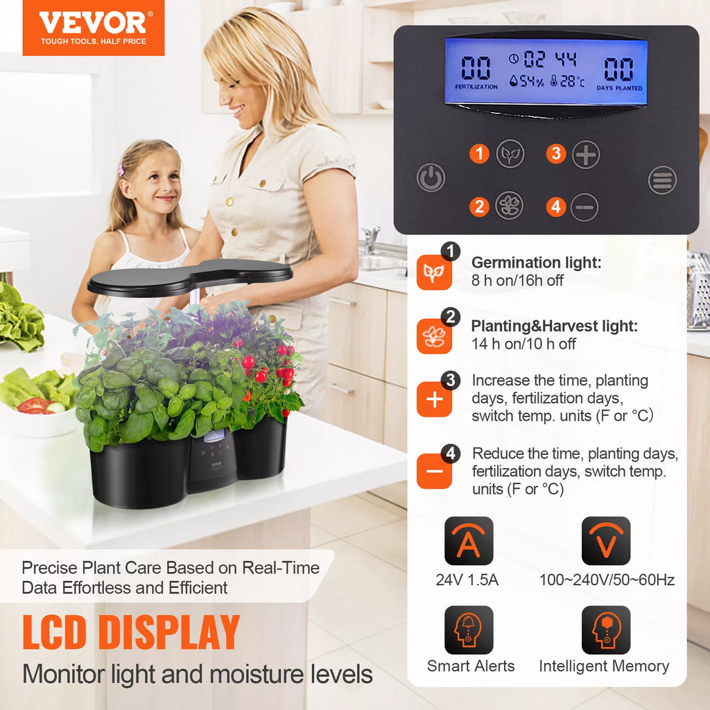 12-Pod Indoor Hydroponic Growing System LED Light & LCD Display