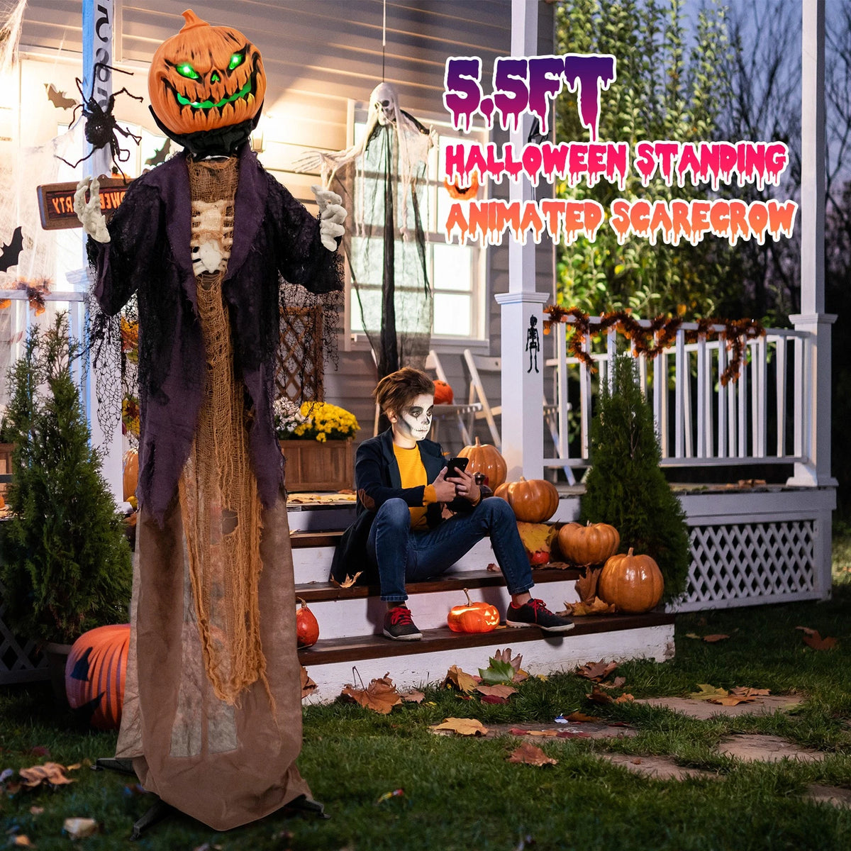 5.6FT Animated Pumpkin Scarecrow with Green LED Eyes and Spooky Sounds