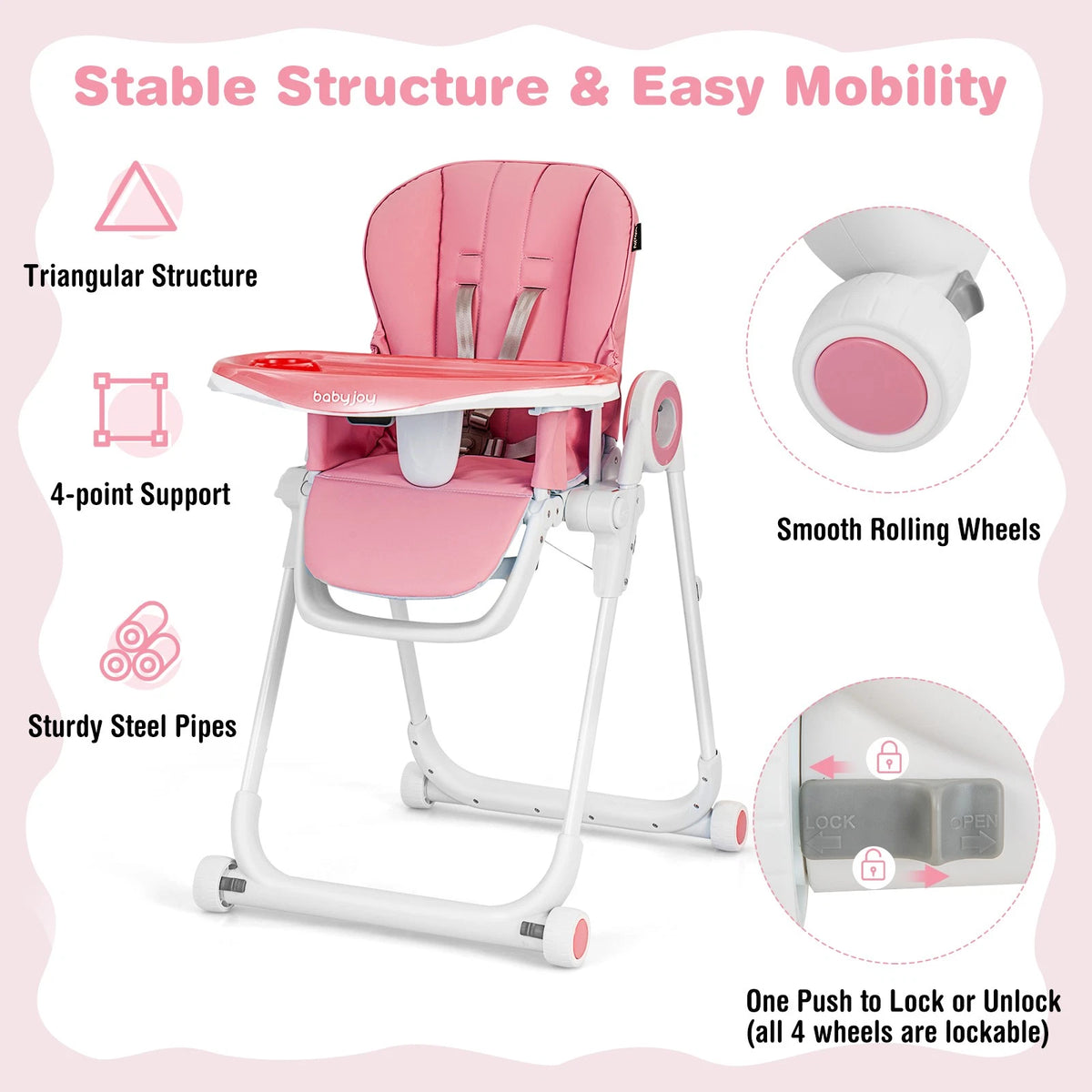Foldable Baby High Chair with Double Tray, Wheels & Recline Pink