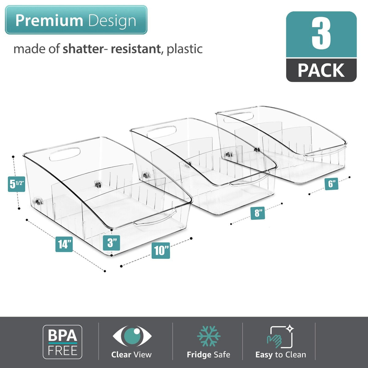 Clear Acrylic Fridge Organizer Bins 3-Pack Roll Out Storage Solution