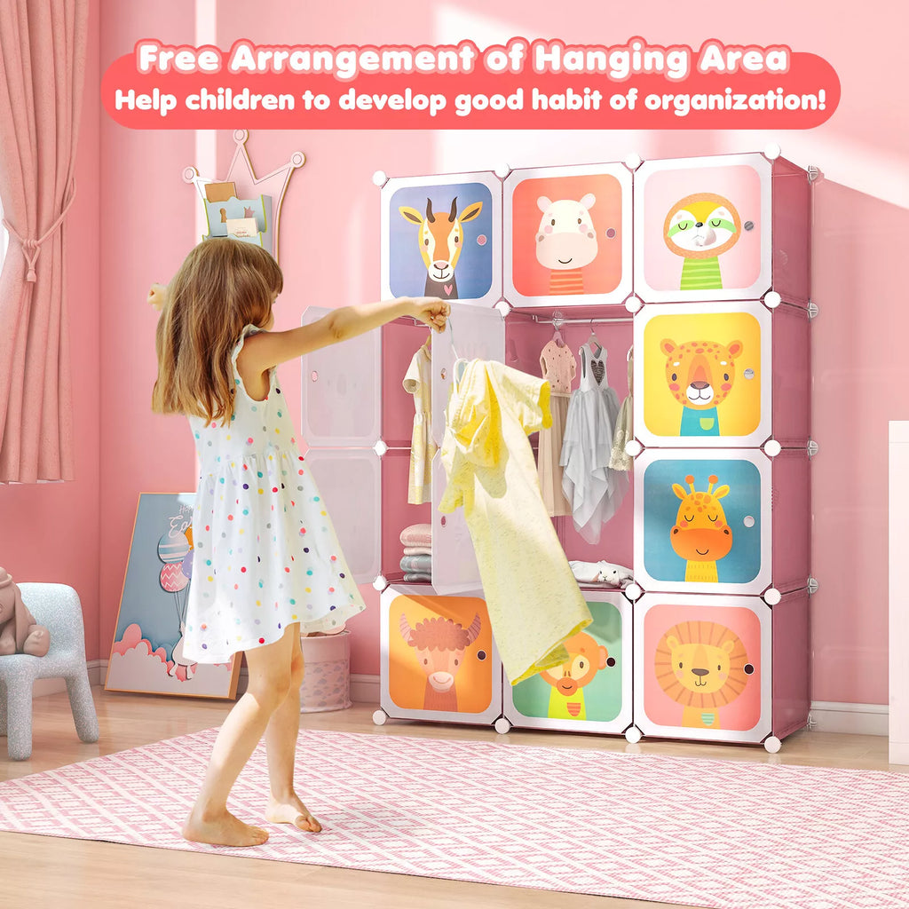 12-Cube Kids Closet Organizer with Hanging Rod & Animal Doors Pink