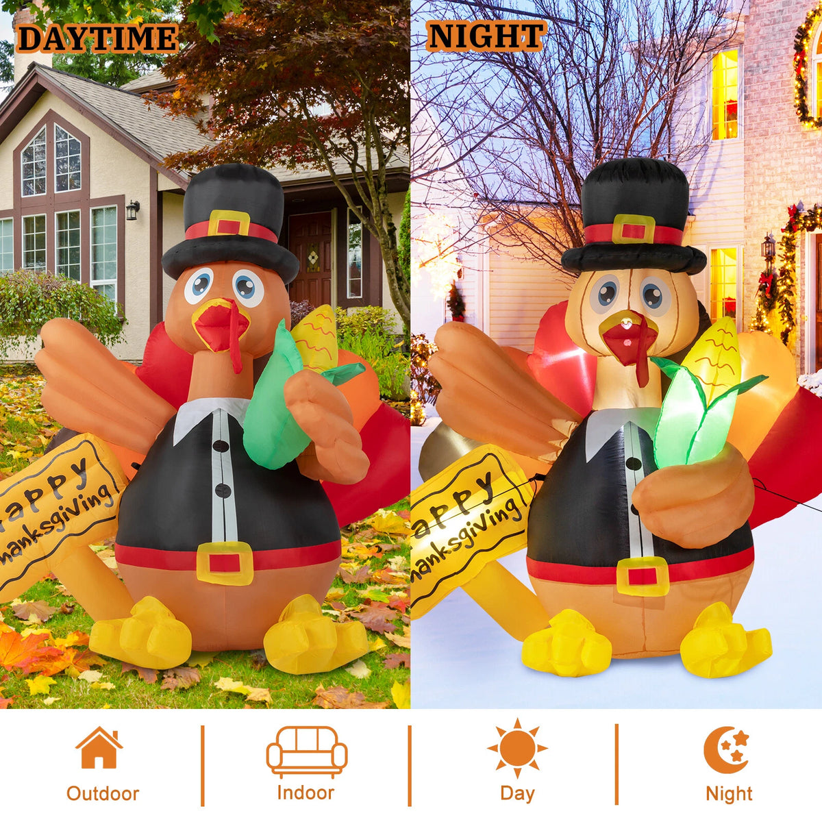 Thanksgiving 5FT Lighted Turkey Inflatable with LED for Yard & Home Décor