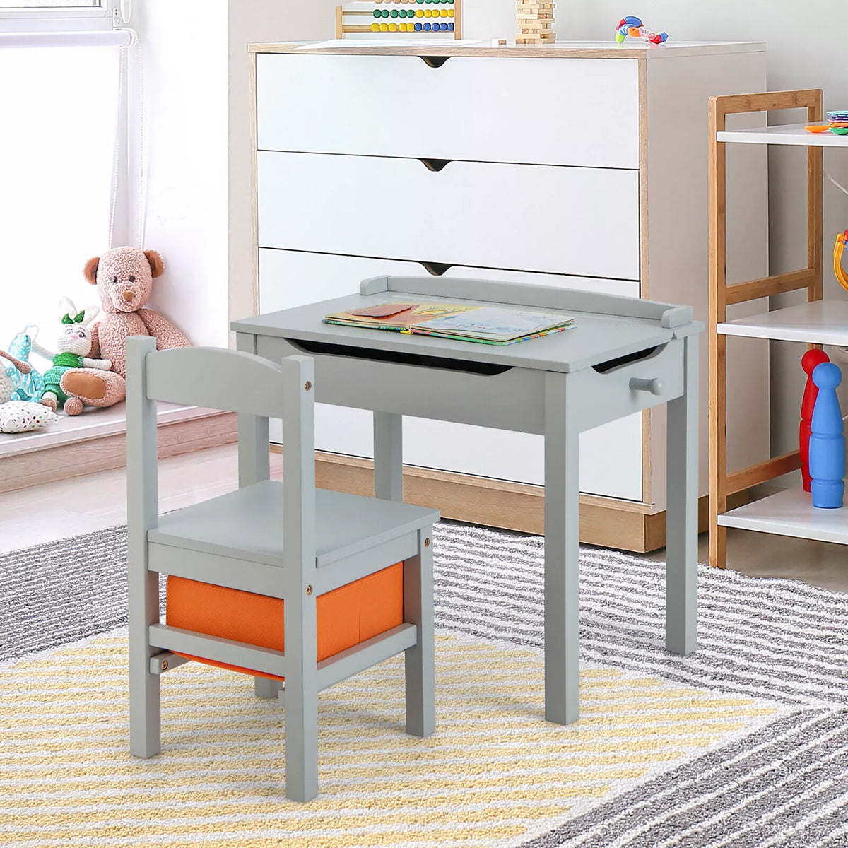 Kids Wooden Table and Chair Set with Flip-Top Desk & Storage