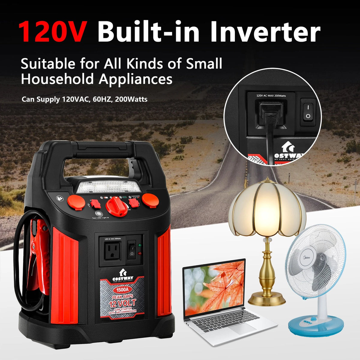 1500A Jump Starter with Air Compressor, Power Bank, USB Ports & LED Light