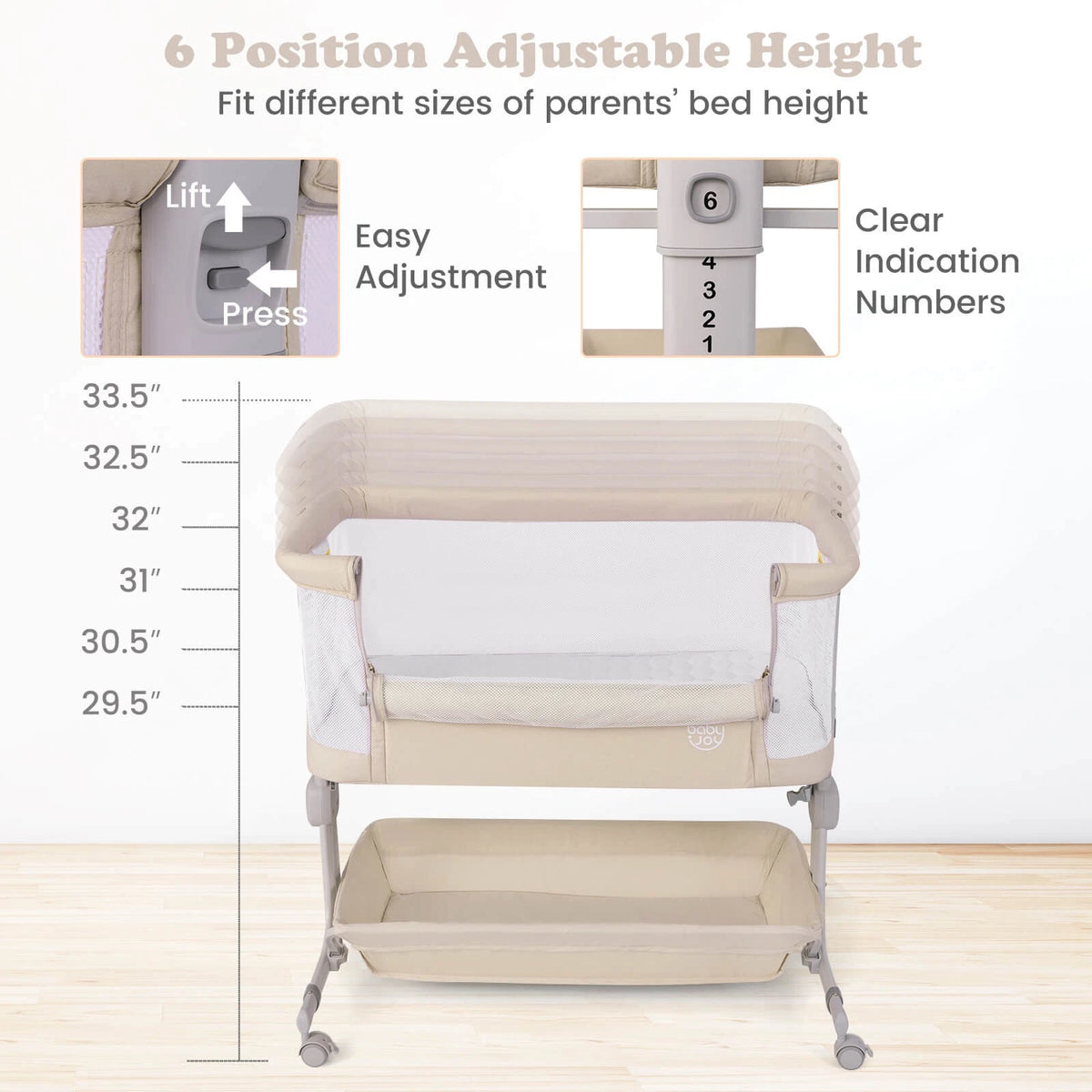 3-in-1 Baby Bassinet with Wheels, Storage & Adjustable Height Beige