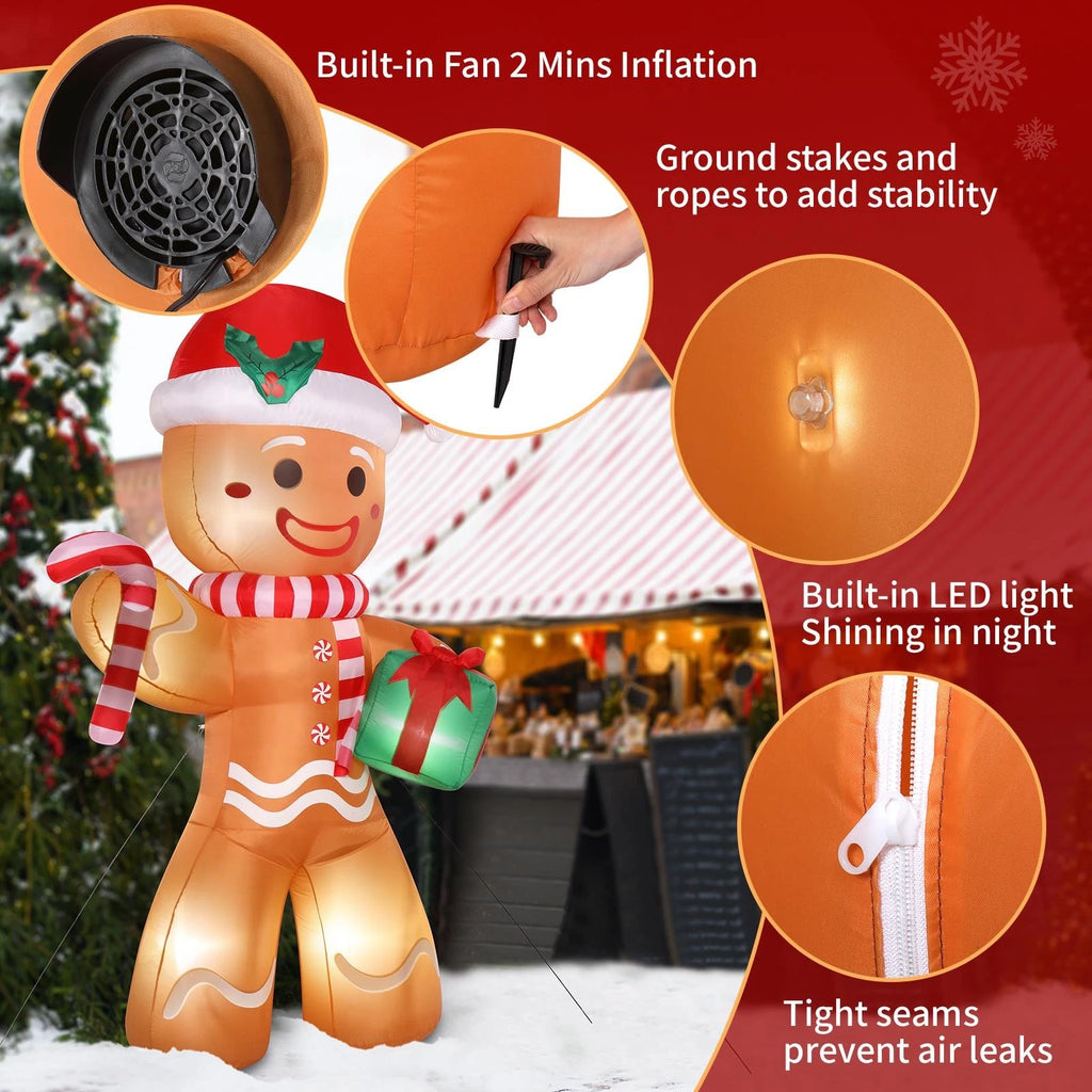 8FT Lighted Gingerbread Man Inflatable with Gift for Outdoor Christmas Decor