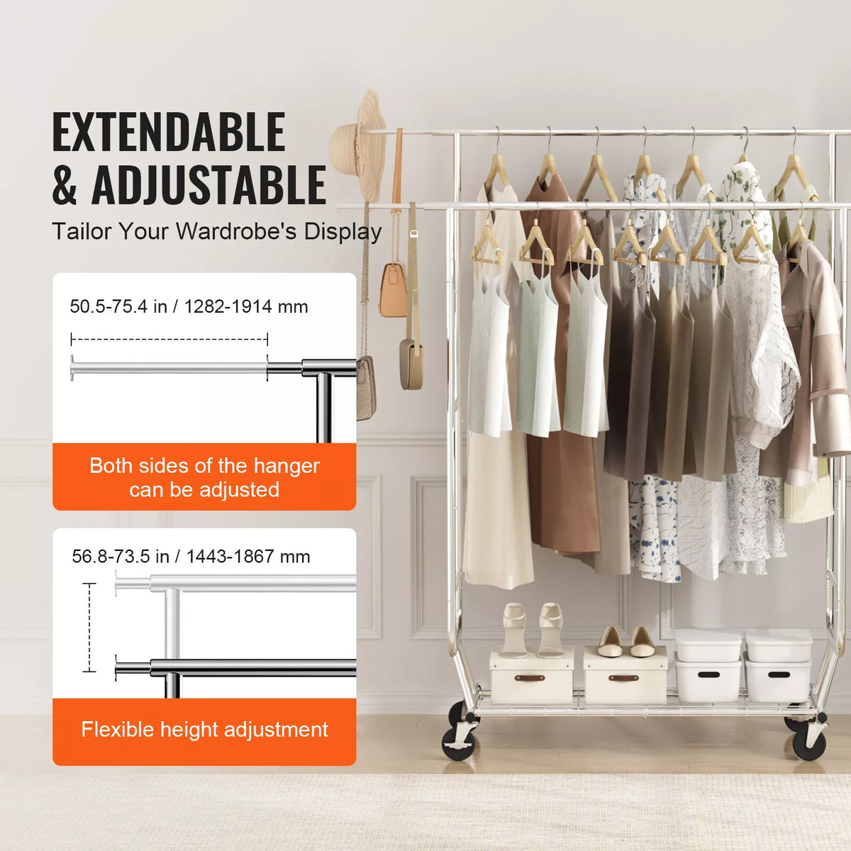 Heavy-Duty Garment Rack Adjustable Double Rods 600 lbs Load