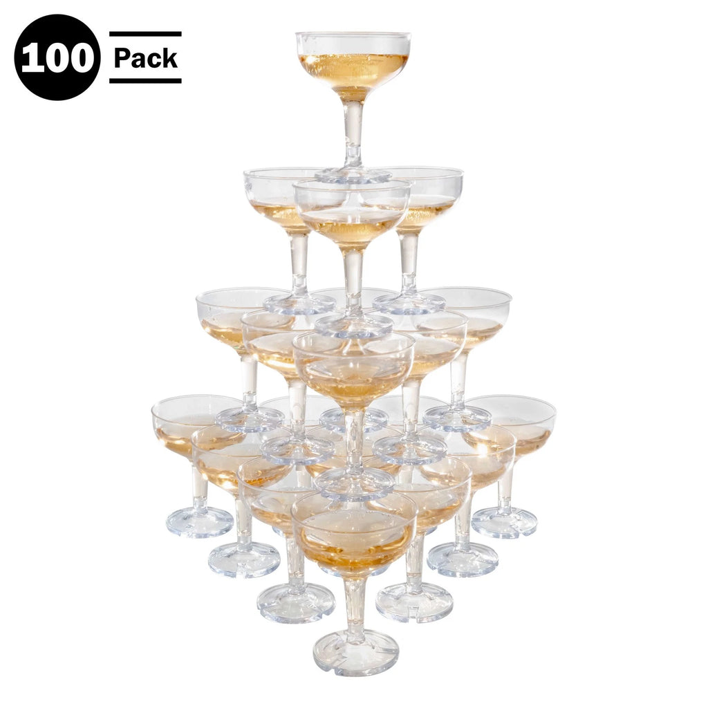 100-Pack Clear Reusable Plastic Champagne Coupe Glasses for Parties & Weddings