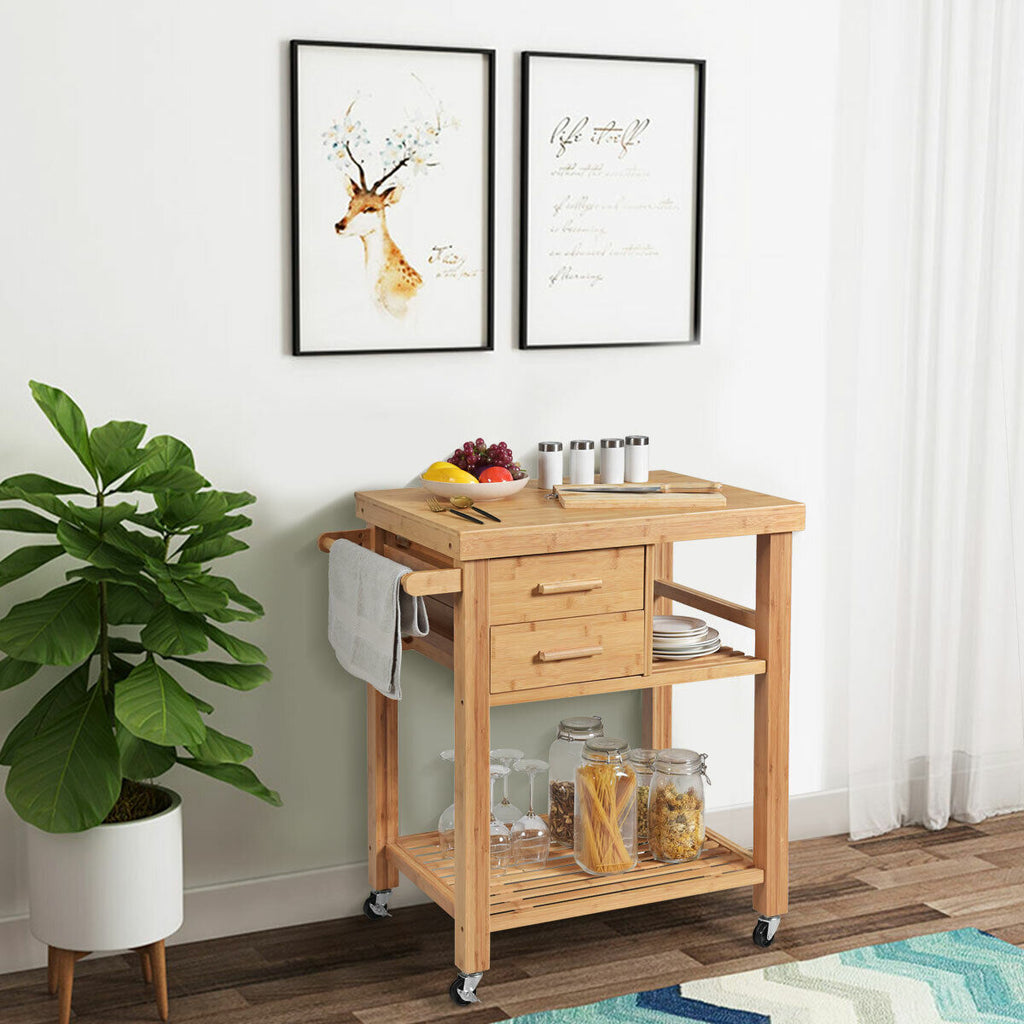 Bamboo Kitchen Trolley Cart w/ Drawers and Towel Rack Rolling Island