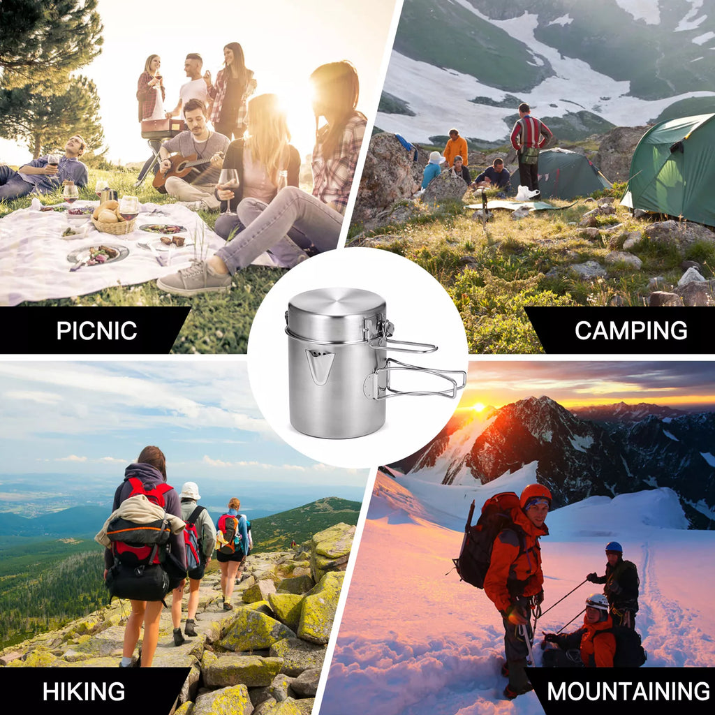 1L Stainless Steel Camping Pot with Lid, Spout & Foldable Handle