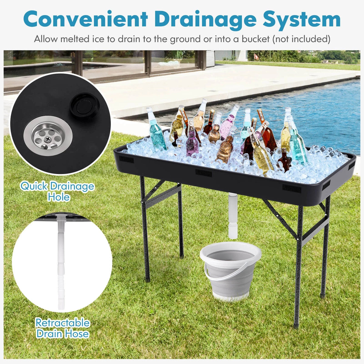 Portable 4FT Ice Cooler Table Party Drink Station with Skirt Black