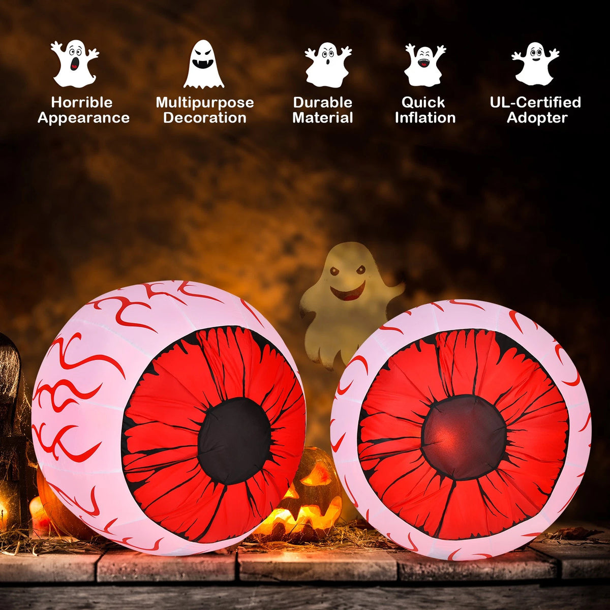 2 Pack 3FT Halloween Inflatable Eyeballs with Red LED Lights & Blower