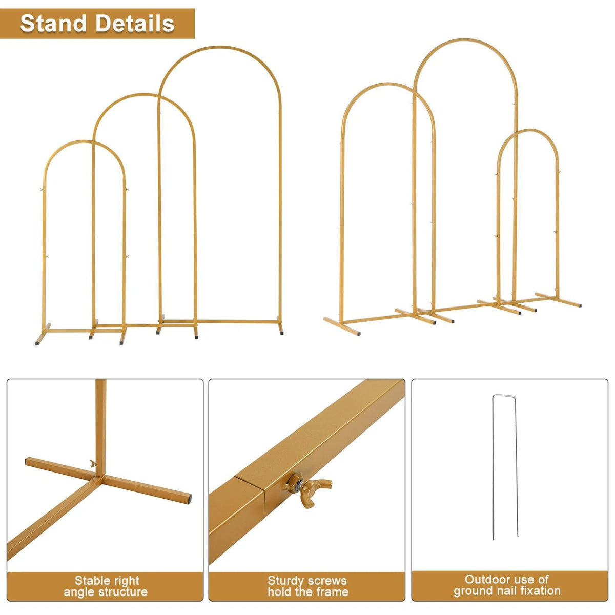 Gold Metal Wedding Arch Backdrop Stand Set of 3 Frames for Events