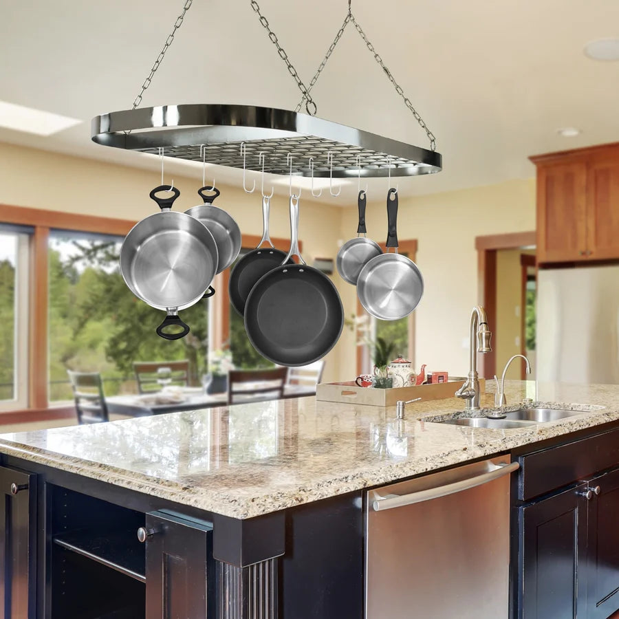 Ceiling Mounted Oval Pot Rack with 10 Hooks and Grid Shelf Silver