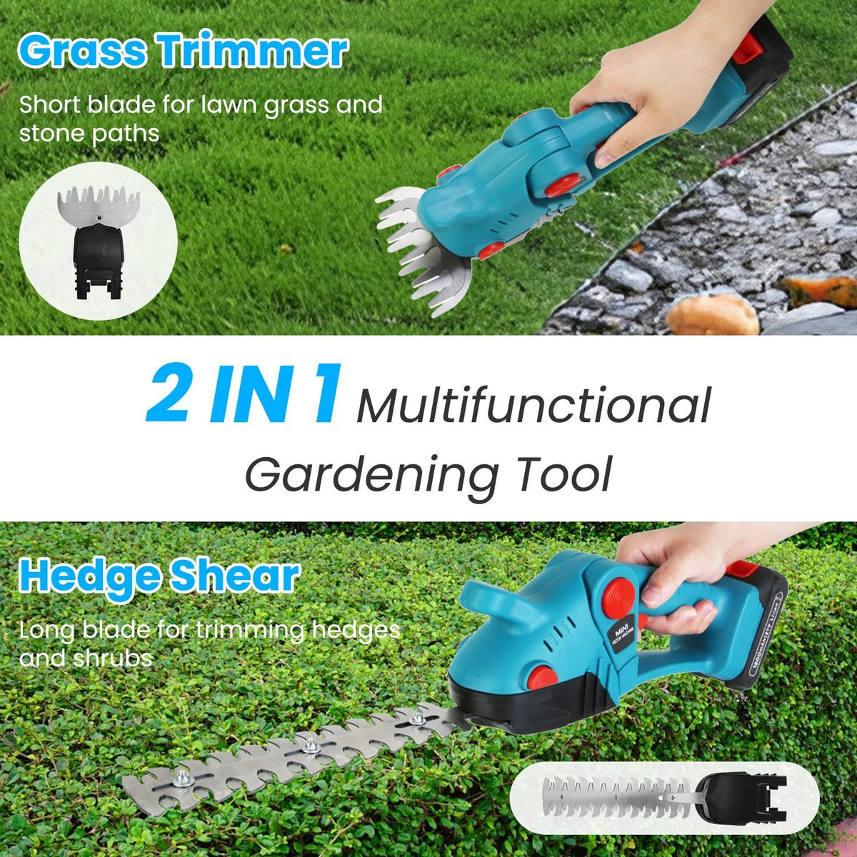 Cordless 3-in-1 Hedge Trimmer Grass Shear with Pole 21V Power Tool