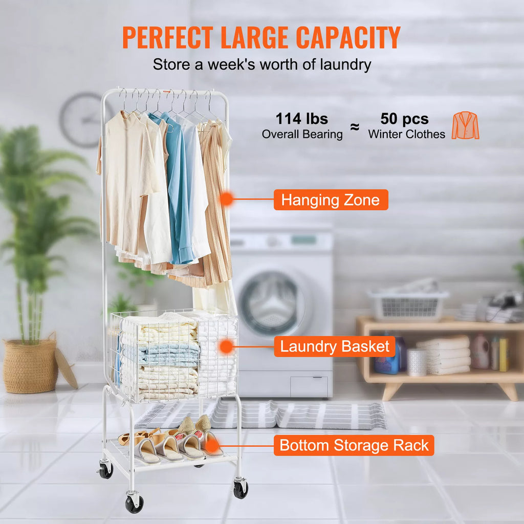 Rolling Laundry Cart Hanging Rack Adjustable Bar Wheels