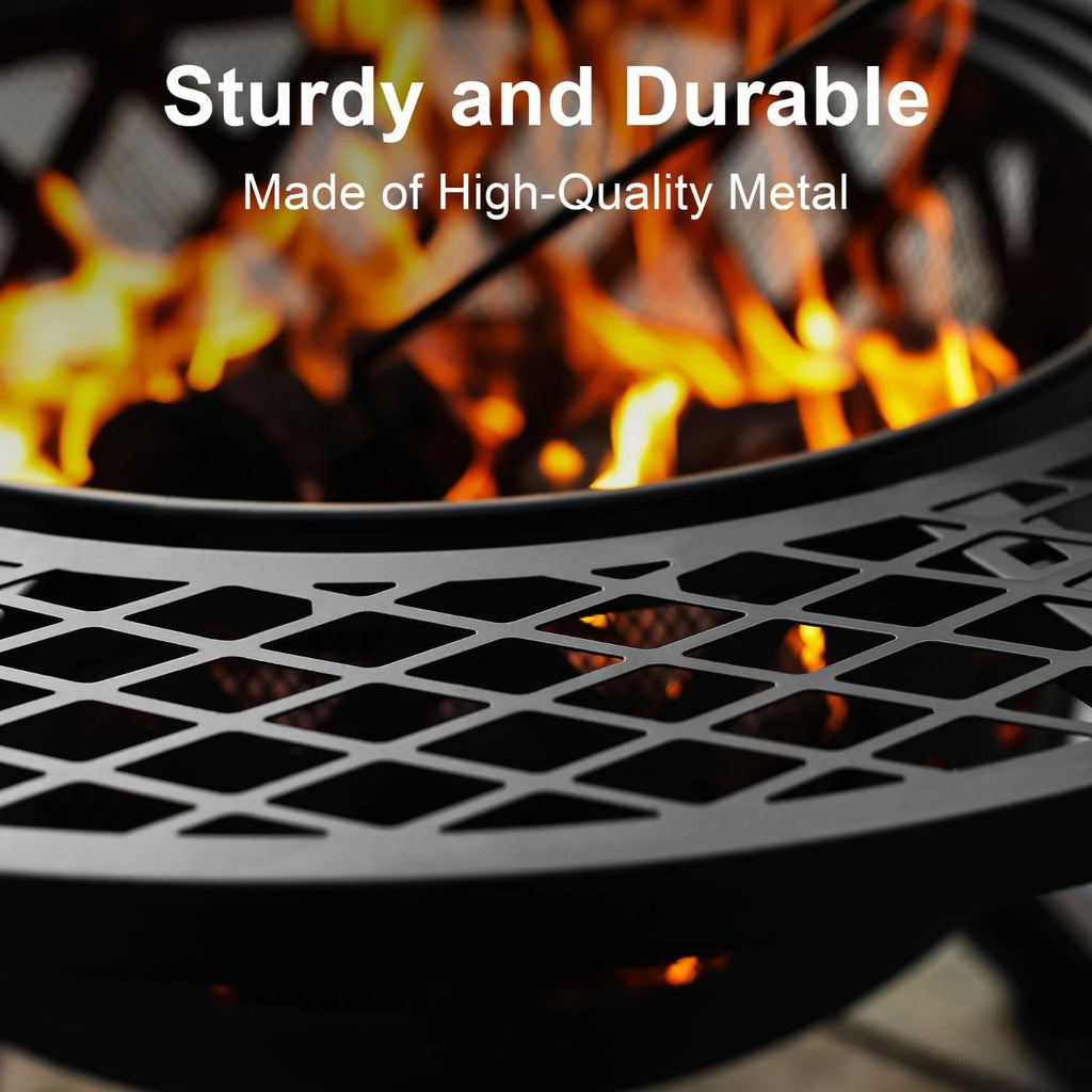 Outdoor Wood Fire Pit 32 Inch BBQ Grill Swivel Cooking Patio Heater