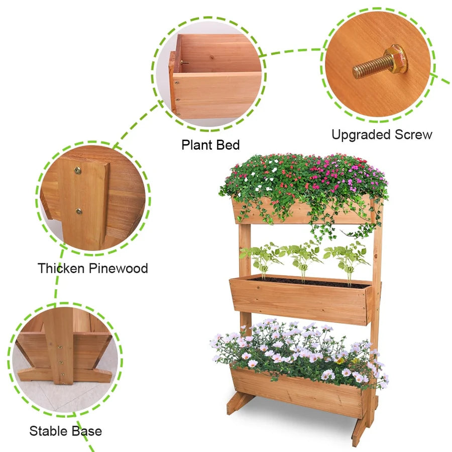 3-Tier Wooden Raised Garden Bed Vertical Planter Box Outdoor Use