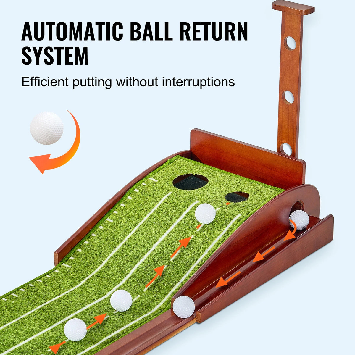 Indoor Golf Putting Mat with Ball Return, Wood Base & 2 Hole Design