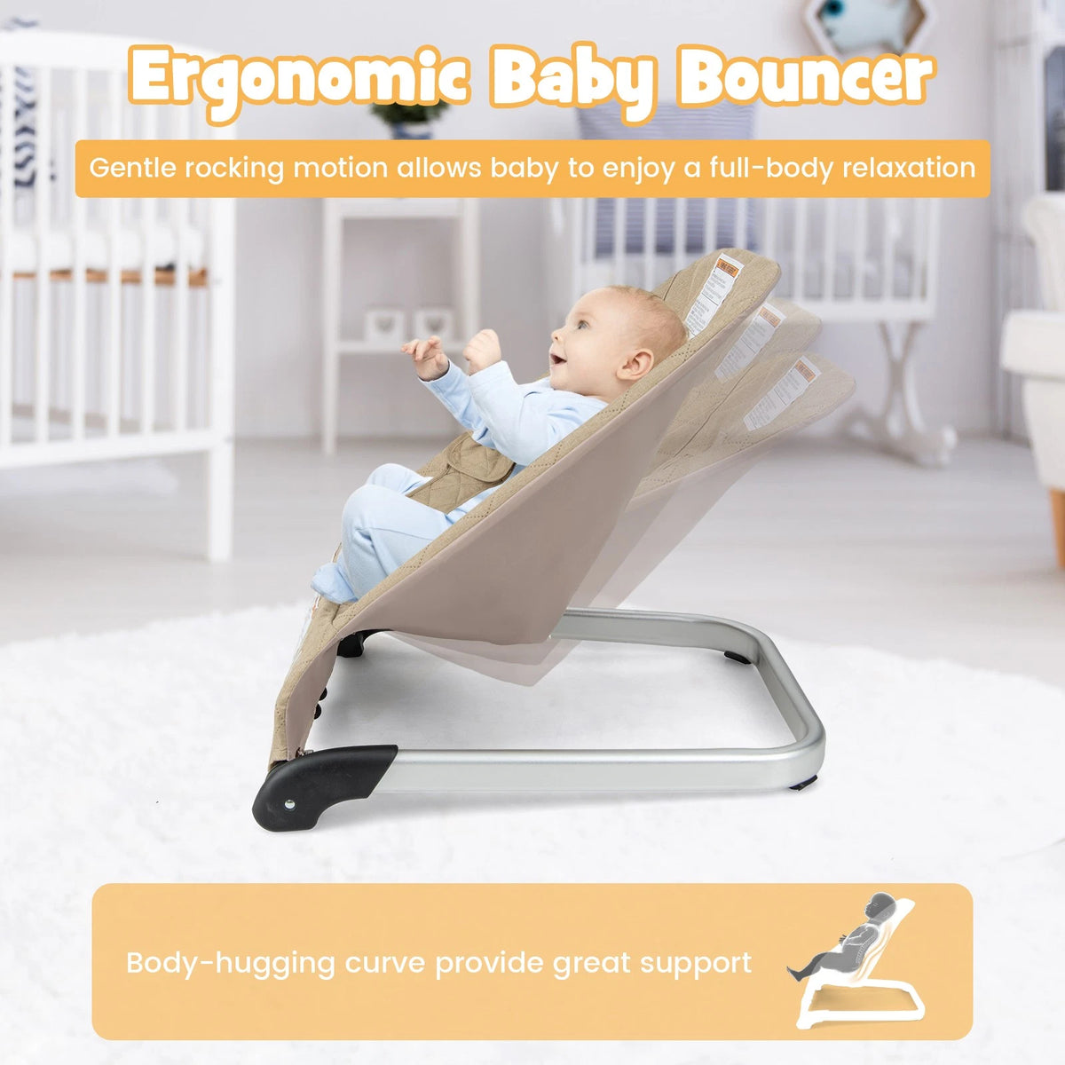 Folding Baby Bouncer with Ergonomic Backrest Breathable Design Beige