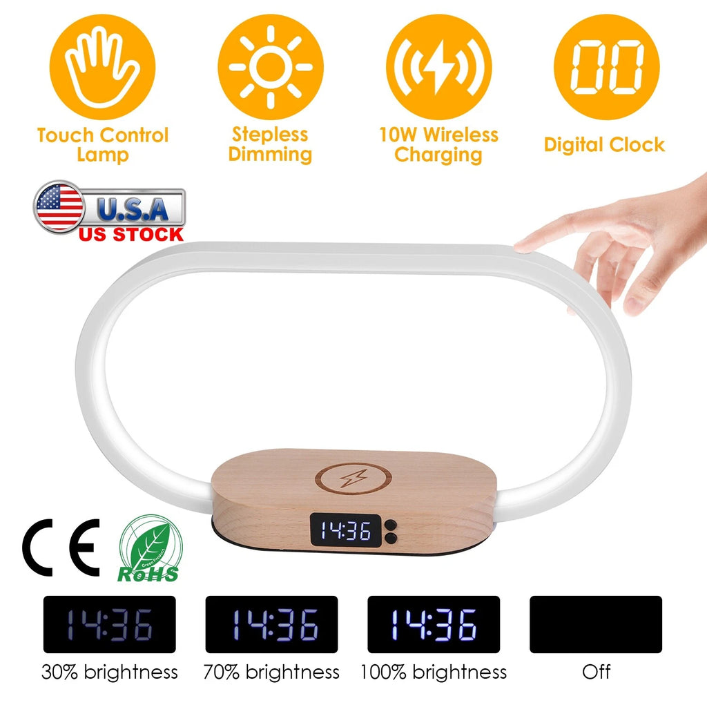 Modern LED Bedside Lamp with Wireless Charger, USB Port & Clock Hub
