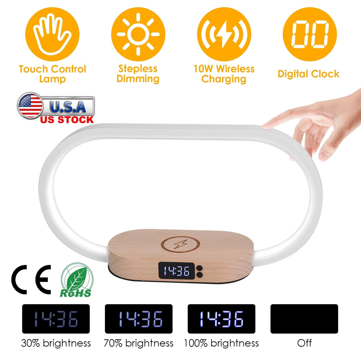 Modern LED Bedside Lamp with Wireless Charger, USB Port & Clock Hub