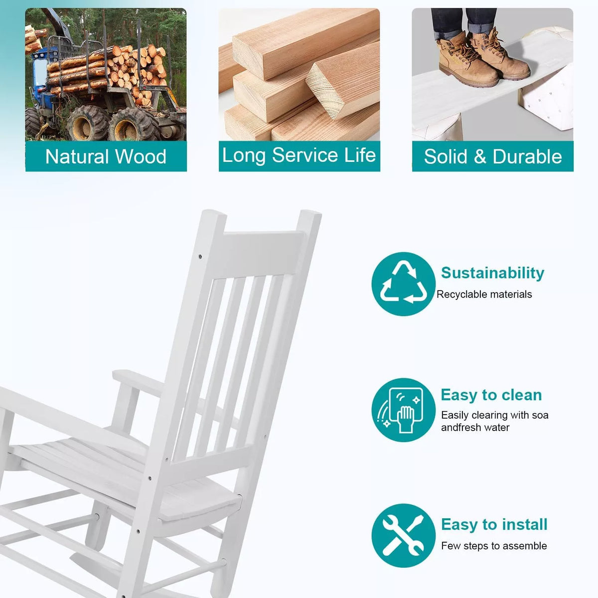 High Back Wooden Patio Rocking Chair Porch and Garden