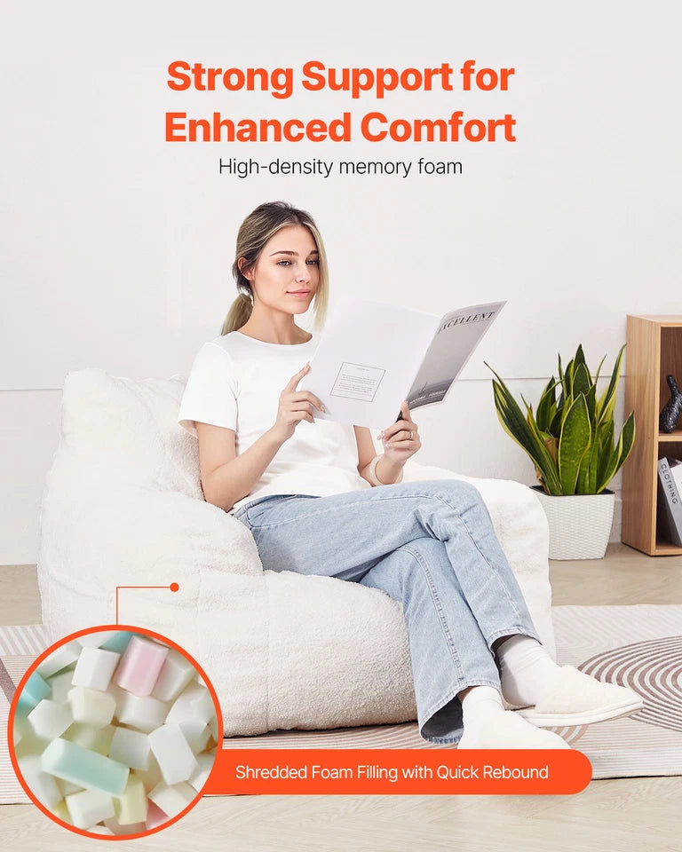 3-Foot Memory Foam Bean Bag Chair with Armrests and Side Pocket White