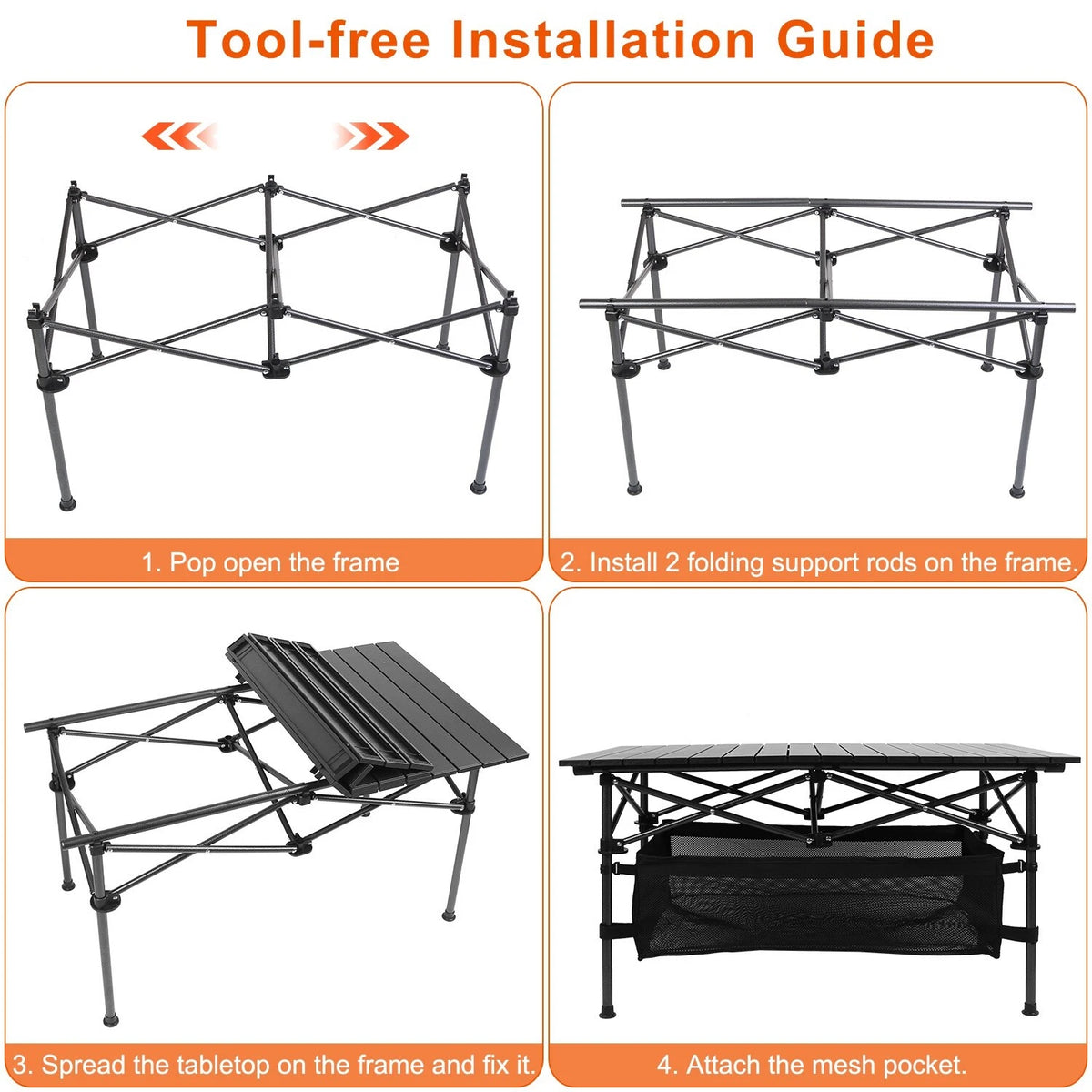 Folding Camping Table with Aluminum Top & Storage Basket Lightweight