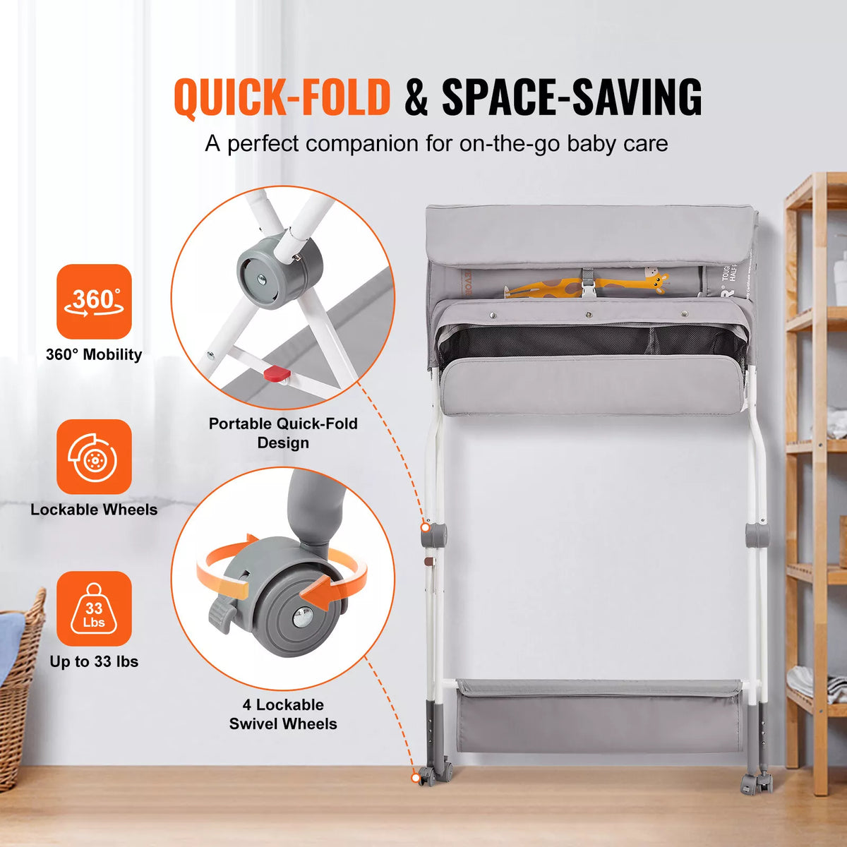 Adjustable Folding Baby Changing Table with Wheels