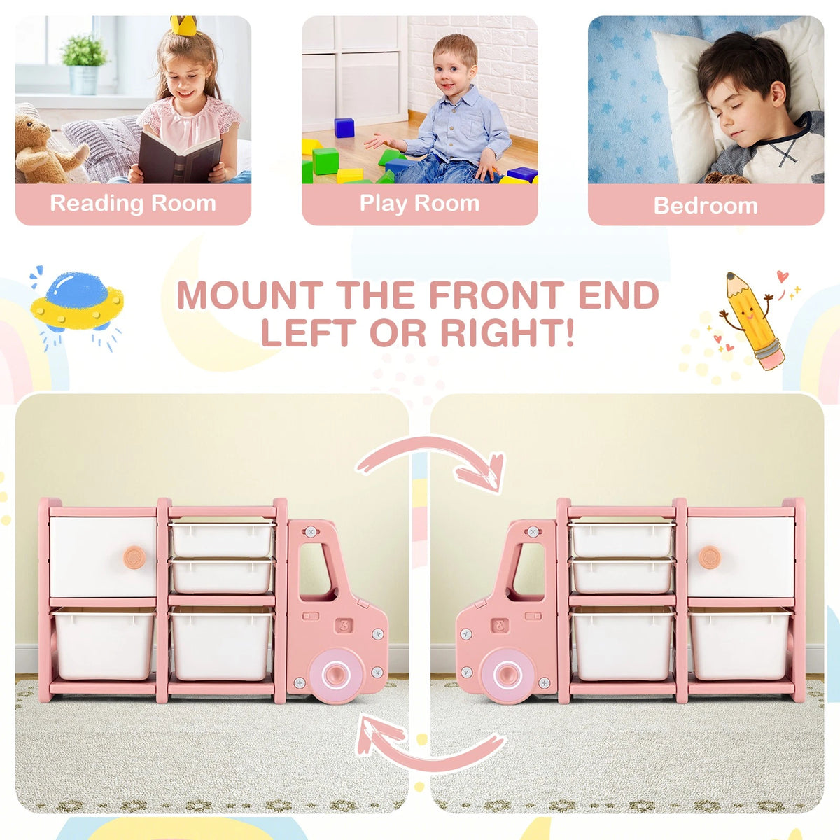Truck-Themed Kids Toy Organizer with Storage Bins and Drawers Pink