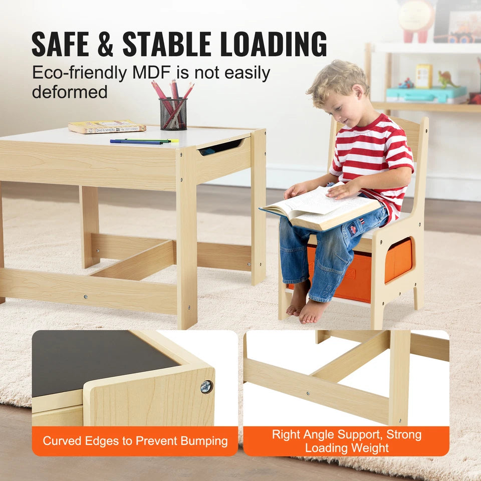 Kids Wooden Table and Chair Set with Chalkboard & Storage Bins