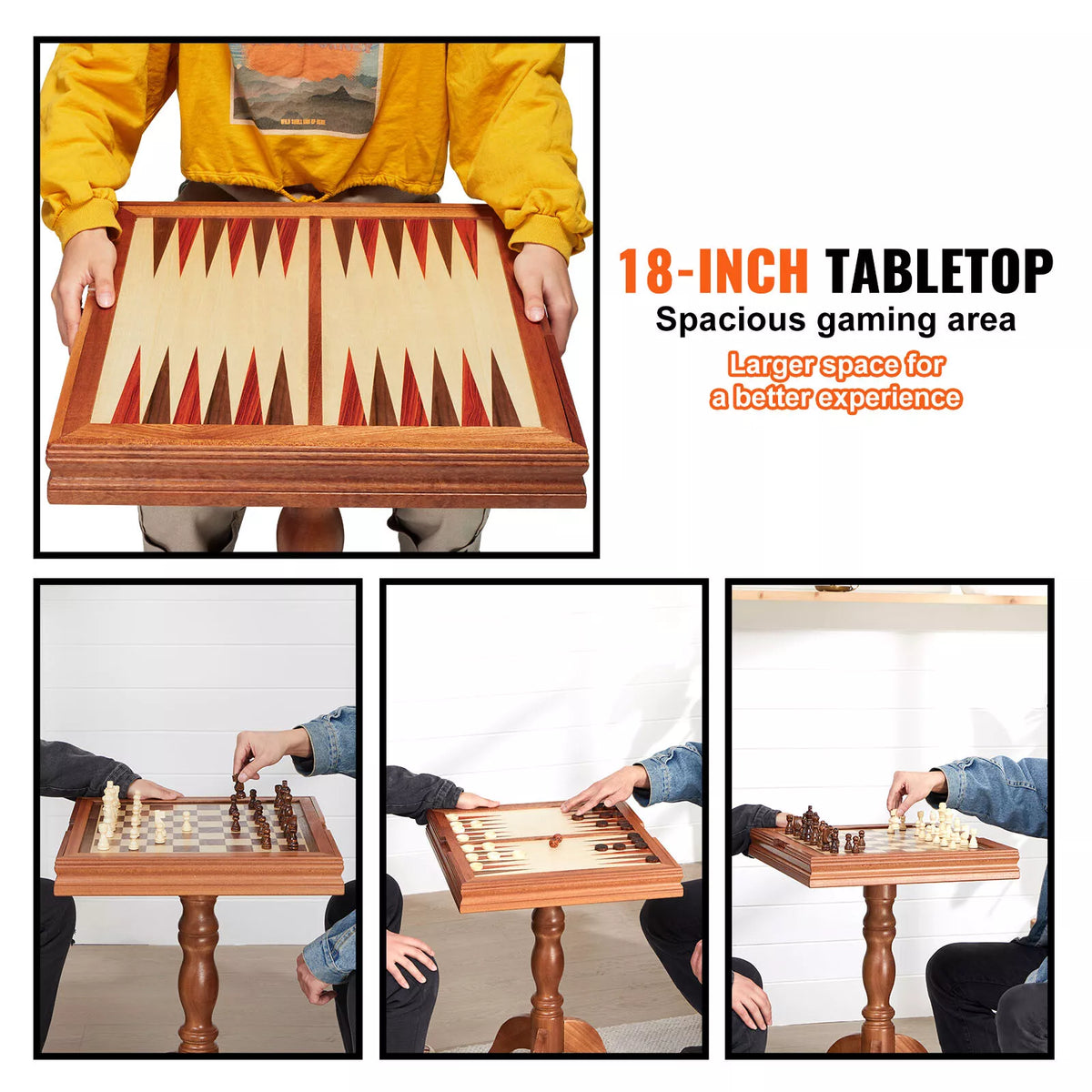 Wooden 3-in-1 Game Table for Chess, Checkers, and Backgammon Play